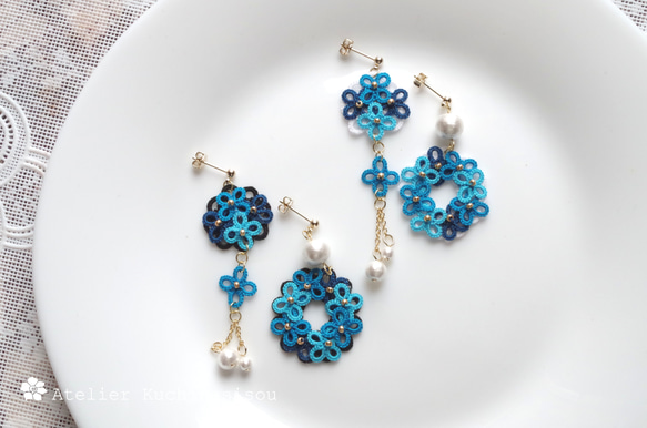 梭織蕾絲小花與棉質珍珠不對稱耳環&lt;寶石藍&gt;[白色版] 第11張的照片