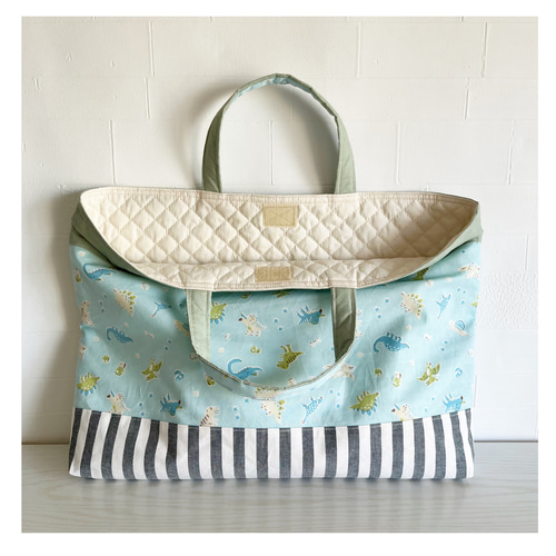 A 恐竜柄 青 ストライプ てさげバッグ レッスンバッグ 上履き入れ 男の子