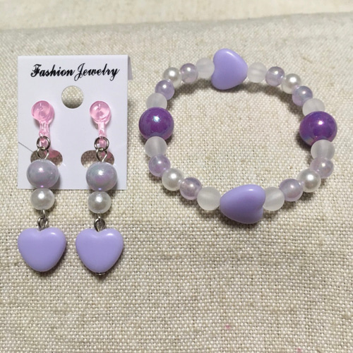 170、キッズブレスレット&キッズイヤリングセット ハート紫パープル  