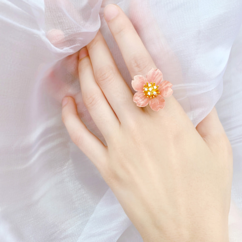 リング 桜 レジン オープンリング フラワー シルバー ラインストーン