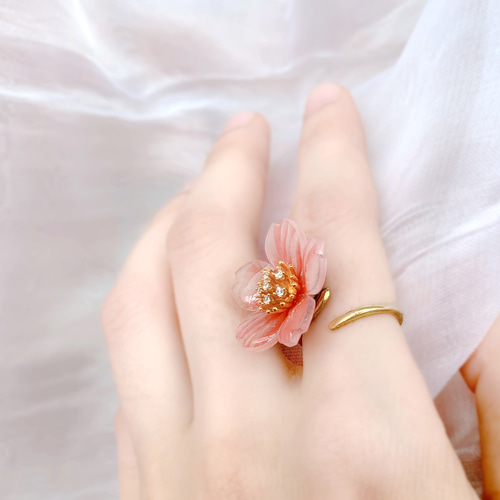 リング 桜 レジン オープンリング フラワー シルバー ラインストーン