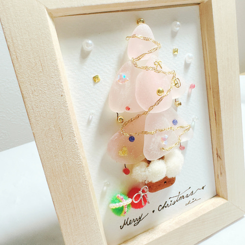 シーグラスアート ピンクのクリスマスツリー インテリア雑貨 シーグラスアート ピンクのクリスマスツリー インテリア雑貨