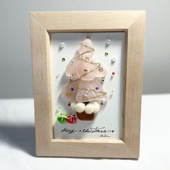 シーグラスアート ピンクのクリスマスツリー インテリア雑貨