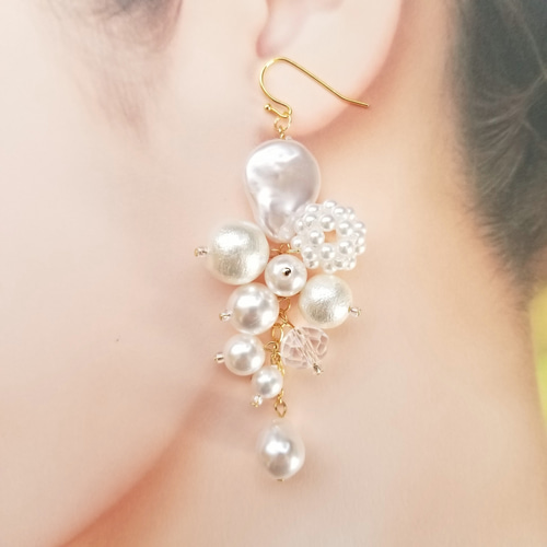 バロックパールとコットンパールの華やかピアス｜イヤリング変更可