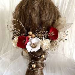 《送料無料》ベルベット椿の髪飾り 紅白 成人式 和装 卒業式 レッド×ゴールド 水引 2枚目の画像