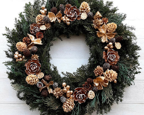 クリスマス リース ハンドメイド オーナメント 木の実 ブルー ゴールド 241 クリスマスリース】木の実とヒムロ杉のリース～ゴールド～ リース