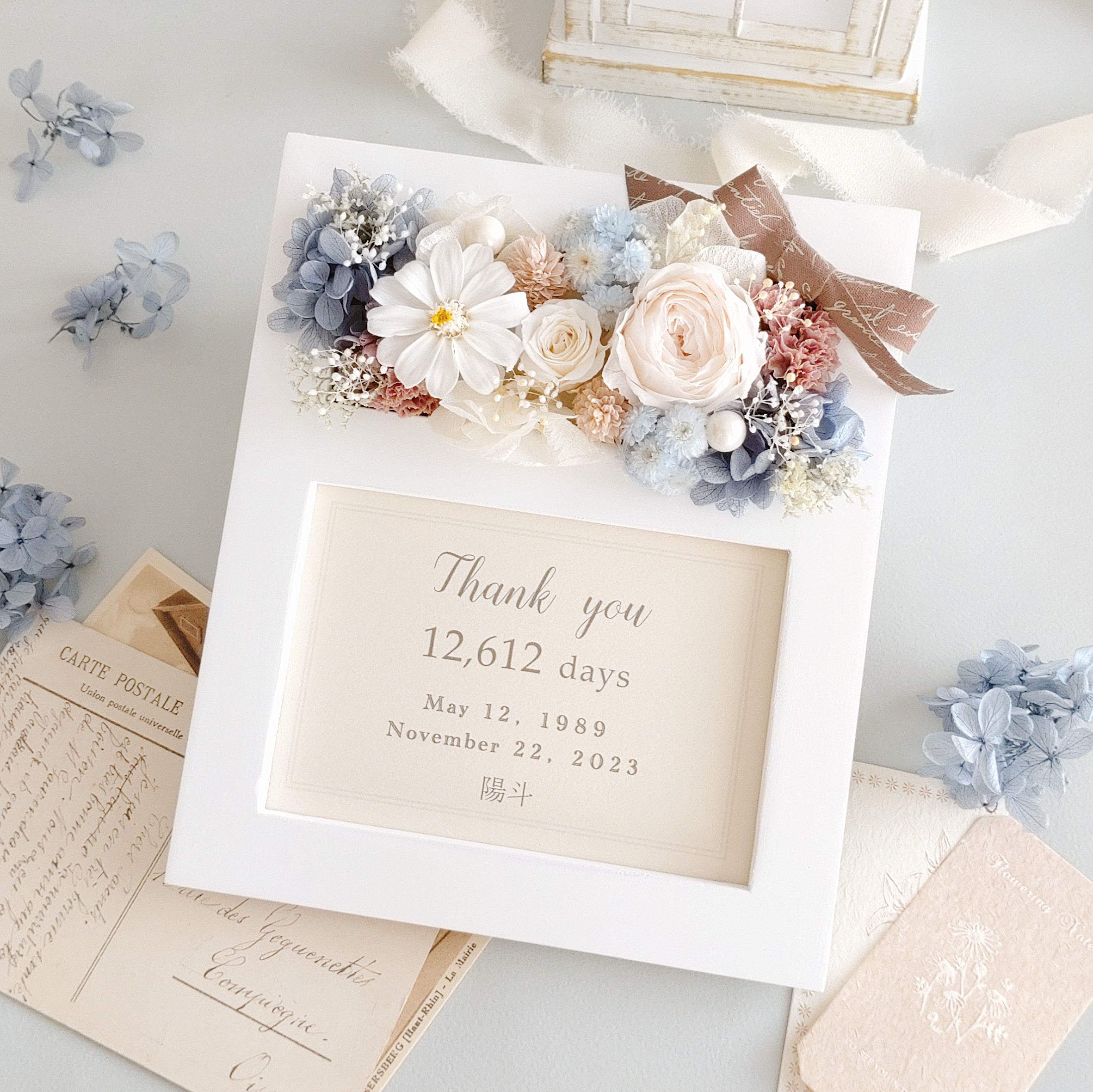 想いを贈る＊フラワーフォトフレーム 【シフォンピンク・ブルー】　結婚祝い　子育て感謝状　両親贈呈品　写真立て　名入れ