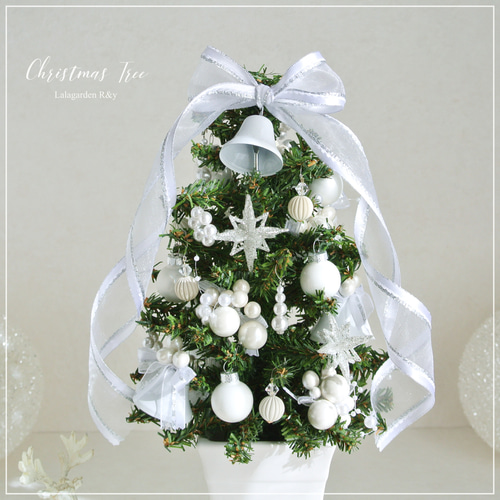 キラキラホワイトクリスマス 白いリボンと白いベル、パールのミニ