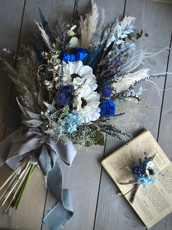 アネモネとローズブーケ　blue＆white／ カラー調整可　ウエディングブーケ・スワッグ・花束 5枚目の画像