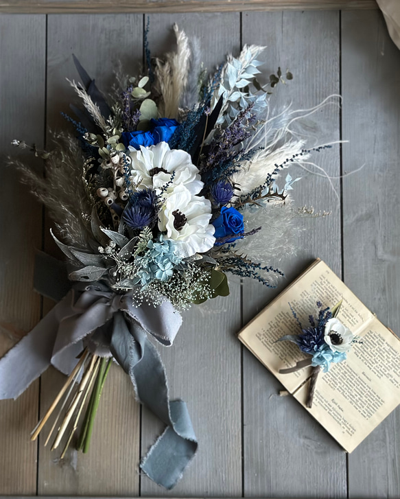 アネモネとローズブーケ　blue＆white／ カラー調整可　ウエディングブーケ・スワッグ・花束 11枚目の画像