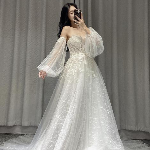 豪華 パフスリーブ シースルー袖 編み上げ 深めvネック ロング  