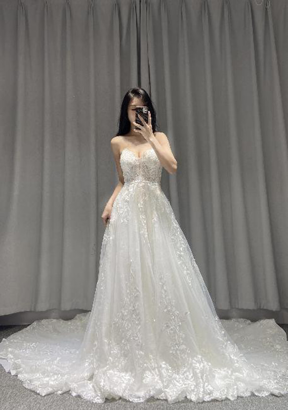 高品質 オフショルダー vネック ロングトレーン 豪華 上品花レース  