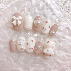 ネイルチップ ベージュ うさぎ お花 リボン ハート パール フレンチ