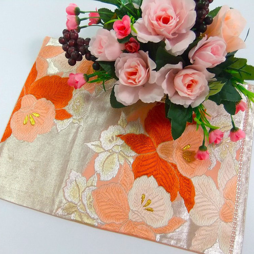 16)1756】42cm/カトレア文様/正絹/ランチョンマット・花瓶敷