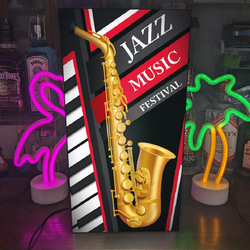 【Lサイズ】ジャズフェスティバル コンサート 音楽 サックス ピアノ レコード ランプ 看板 置物 雑貨 ライトBOX 1枚目の画像