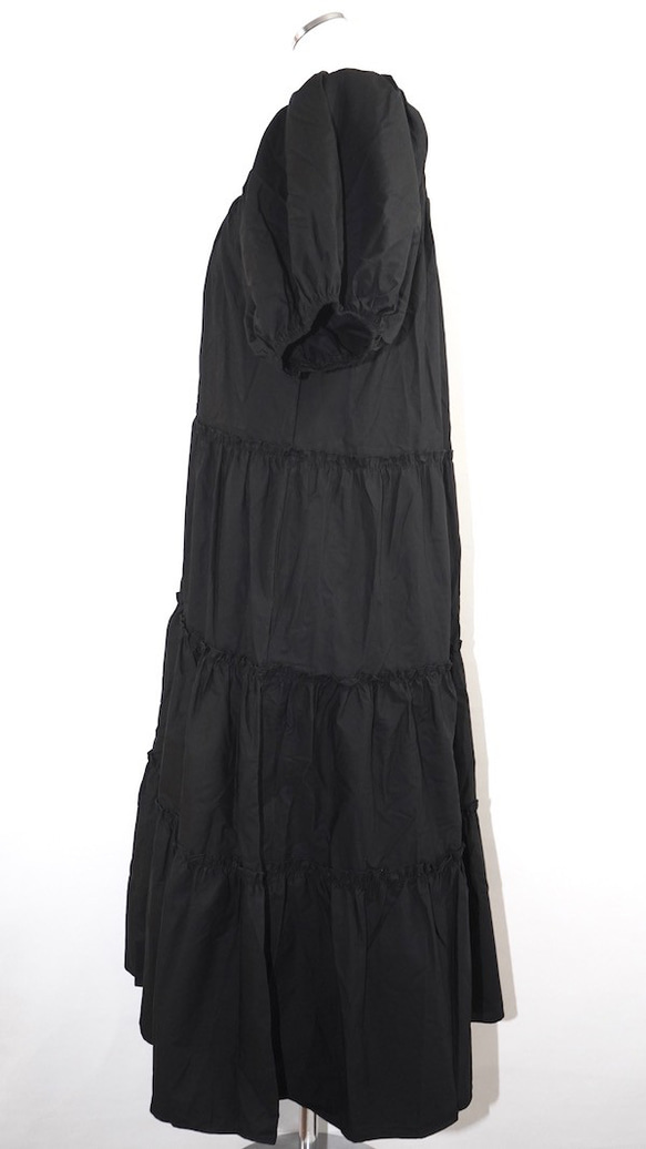 Puffsleeve Tiered Long Flare Onepiece (black) ロング丈ワンピース ブラック 7枚目の画像