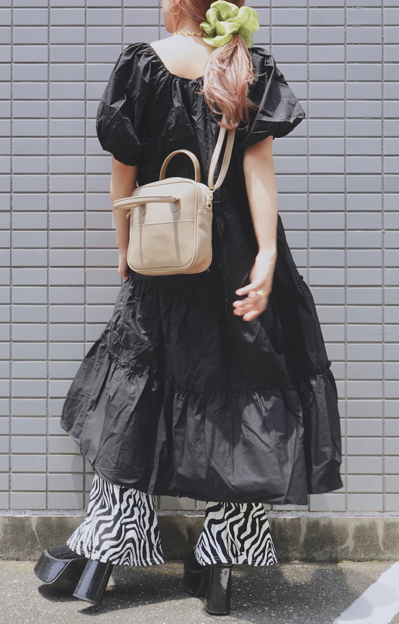 Puffsleeve Tiered Long Flare Onepiece (black) ロング丈ワンピース ブラック 6枚目の画像