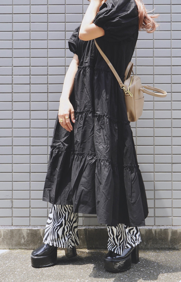 Puffsleeve Tiered Long Flare Onepiece (black) ロング丈ワンピース ブラック 5枚目の画像