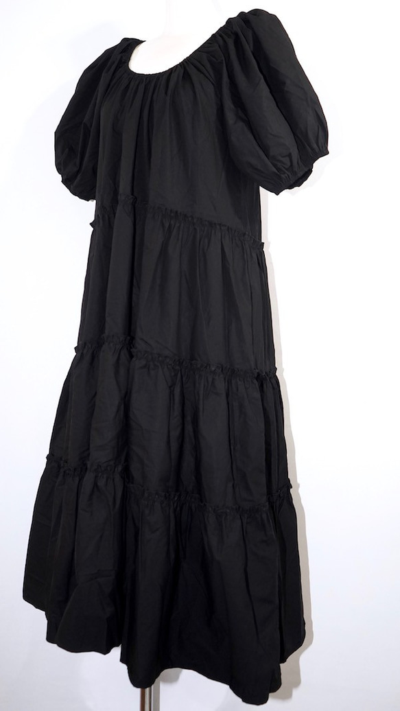 Puffsleeve Tiered Long Flare Onepiece (black) ロング丈ワンピース ブラック 9枚目の画像