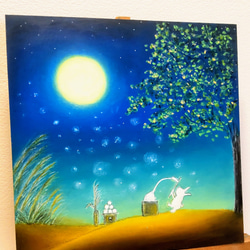 秋の夜　月の神様にありがとう　うさぎの豊作祭り【原画】オイルパステルアート 2枚目の画像