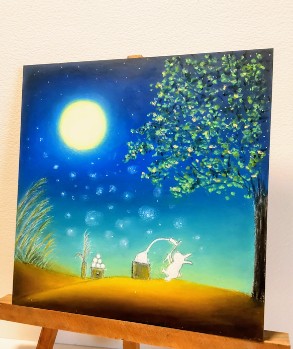 秋の夜　月の神様にありがとう　うさぎの豊作祭り【原画】オイルパステルアート 3枚目の画像