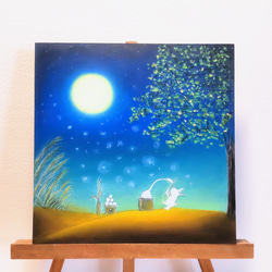 秋の夜　月の神様にありがとう　うさぎの豊作祭り【原画】オイルパステルアート 1枚目の画像