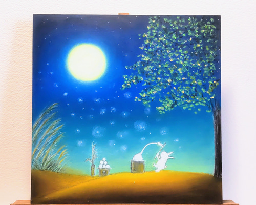 オイルパステル画　月夜のうさぎたち　ご予約品 2ac5d45cea29c8eb95f1ea5dc81e4d