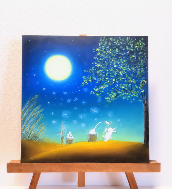 秋の夜　月の神様にありがとう　うさぎの豊作祭り【原画】オイルパステルアート 1枚目の画像