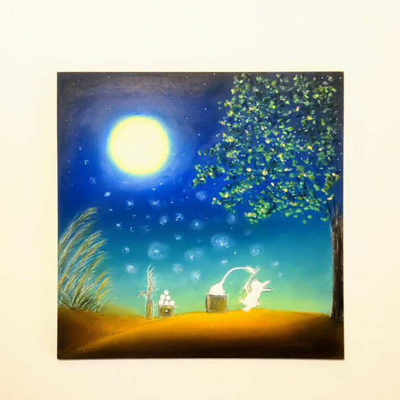 秋の夜　月の神様にありがとう　うさぎの豊作祭り【原画】オイルパステルアート 4枚目の画像