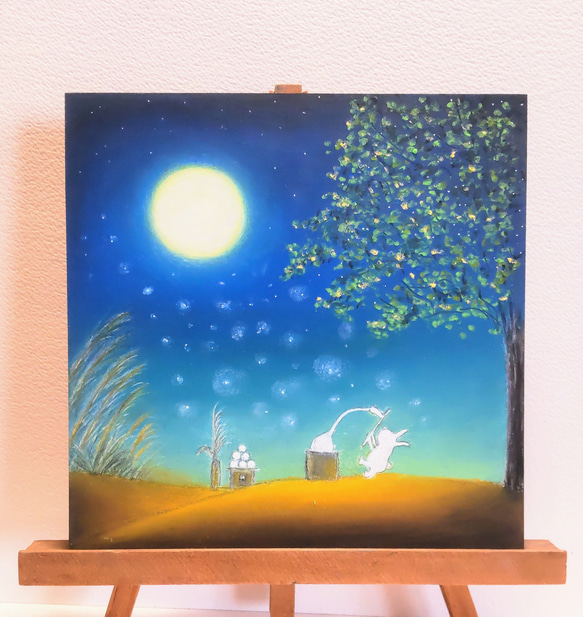 秋の夜　月の神様にありがとう　うさぎの豊作祭り【原画】オイルパステルアート 5枚目の画像