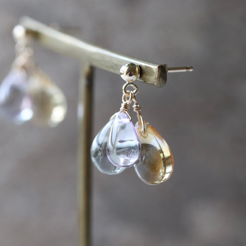 14Kgf シトリン・グリーンアメジスト・アメジスト 3色ドロップ ピアス