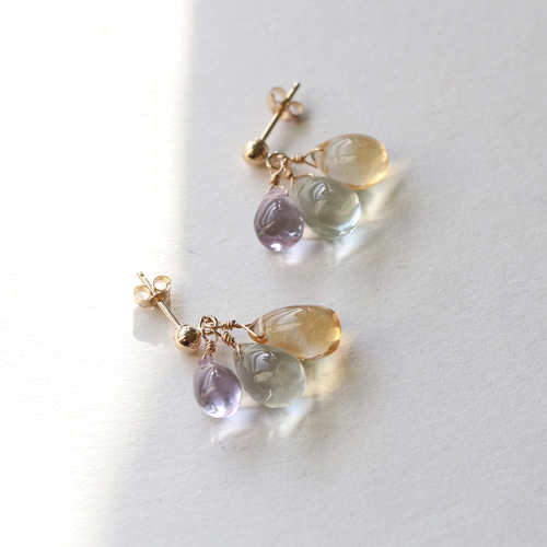14Kgf シトリン・グリーンアメジスト・アメジスト 3色ドロップ ピアス