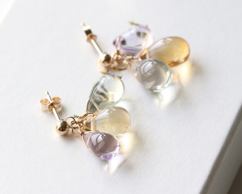 14Kgf シトリン・グリーンアメジスト・アメジスト 3色ドロップ ピアス