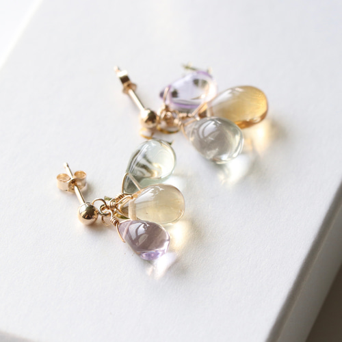 14Kgf シトリン・グリーンアメジスト・アメジスト 3色ドロップ ピアス  