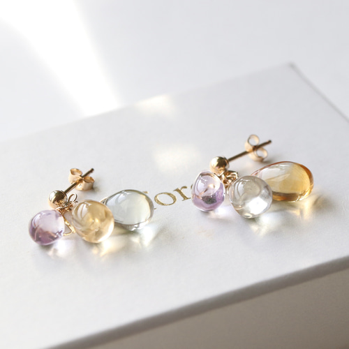 14Kgf シトリン・グリーンアメジスト・アメジスト 3色ドロップ ピアス