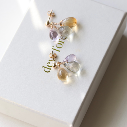 14Kgf シトリン・グリーンアメジスト・アメジスト 3色ドロップ ピアス