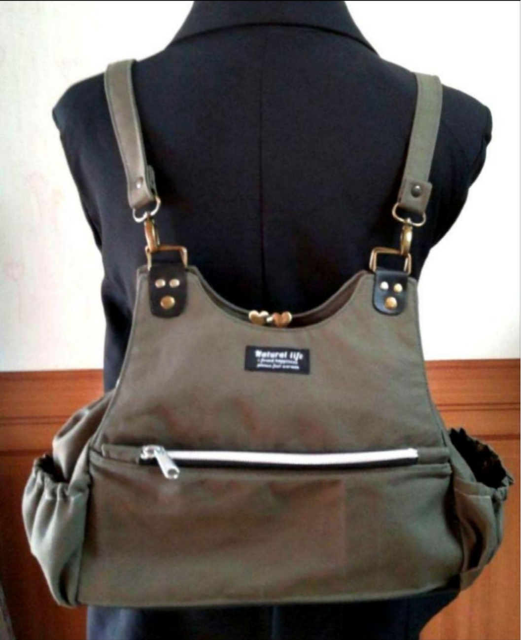 １１号帆布 カーキ ３Weyあおりがま口バッグ リュック