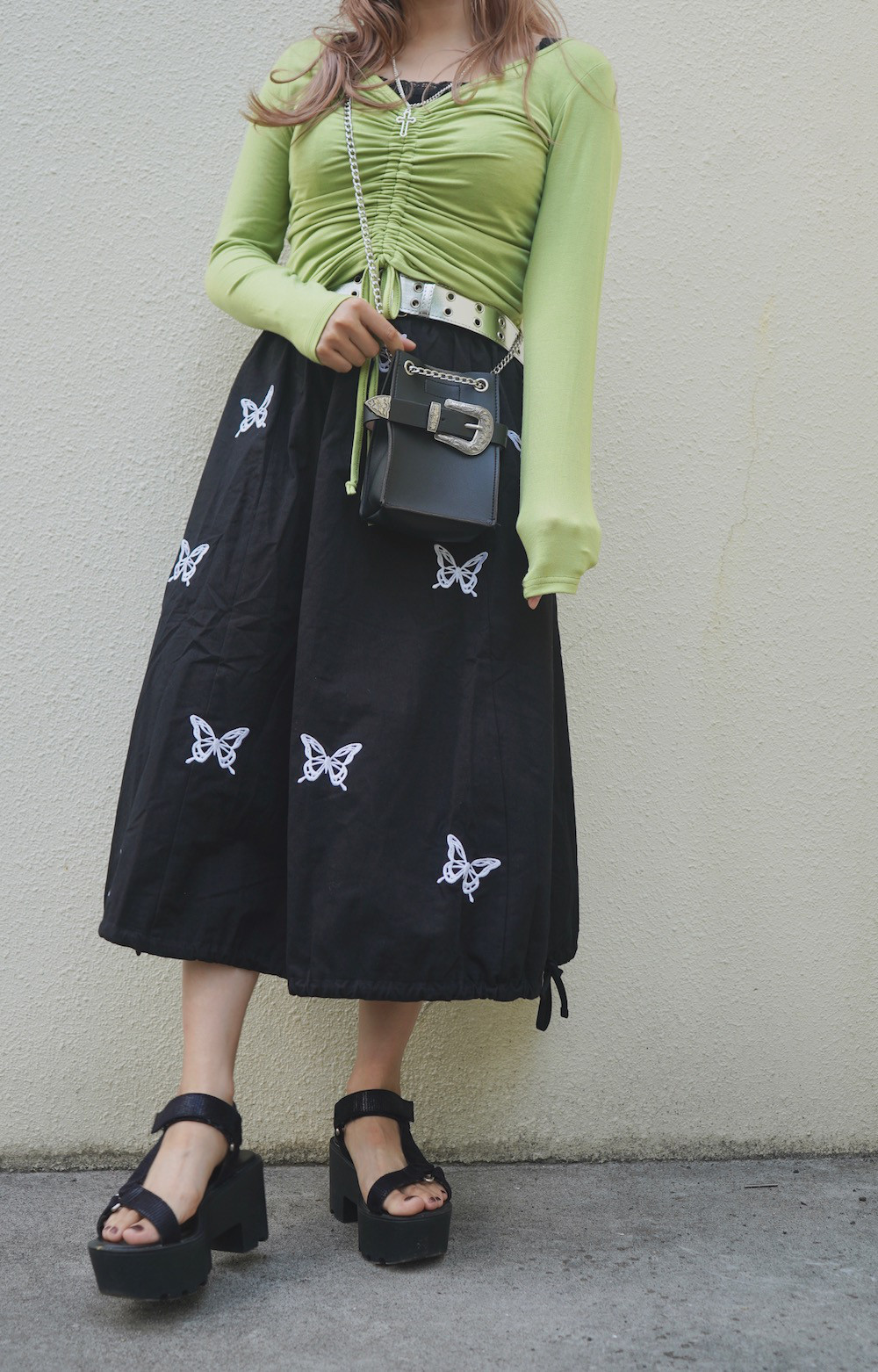 Butterfly Embroidery Flare Long Skirt (black) フレアスカート ブラック 黒