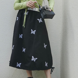 Butterfly Embroidery Flare Long Skirt (black) フレアスカート ブラック 黒 3枚目の画像