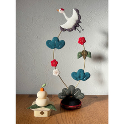 正月飾り【鶴松竹梅】正絹 置物 立体押し絵 コンパクト 玄関飾り 上品