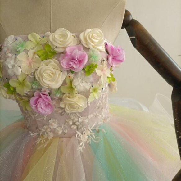 カラードレス レインボースカート ベアトップ 上質オーガンジー 3Dバラの花 結婚式/演奏会 4枚目の画像