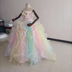 カラードレス レインボースカート ベアトップ 上質オーガンジー 3Dバラの花 結婚式/演奏会 2枚目の画像