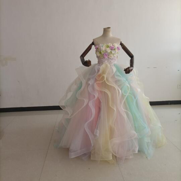 カラードレス レインボースカート ベアトップ 上質オーガンジー 3Dバラの花 結婚式/演奏会 1枚目の画像