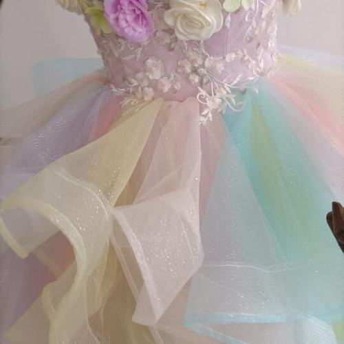 カラードレス レインボースカート ベアトップ 上質オーガンジー 3Dバラ  