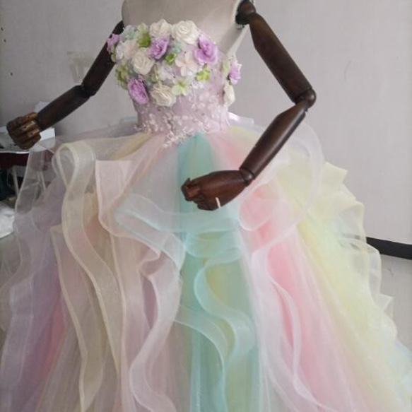 カラードレス レインボースカート ベアトップ 上質オーガンジー 3Dバラの花 結婚式/演奏会 5枚目の画像