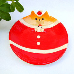 聖誕老人柴犬和雪人盤 16.5 厘米聖誕狗陶器定制 第1張的照片