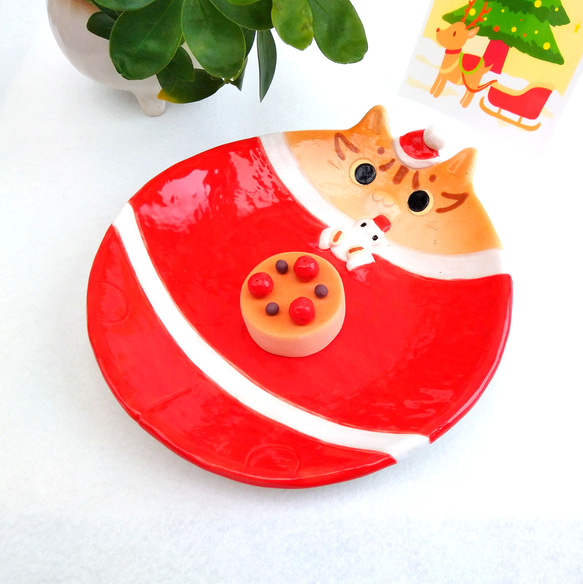 聖誕老人貓和雪人盤 16.5 厘米聖誕貓陶器定制 第2張的照片