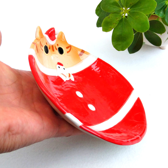 聖誕老人貓和雪人盤 16.5 厘米聖誕貓陶器定制 第6張的照片
