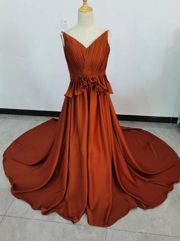 高品質！とろみシフォンサテンドレス テラコッタ お呼ばれ/二次会/前撮り