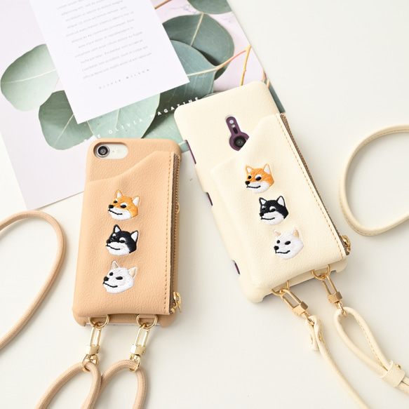 多機種対応 スマホケース 【 刺繍 まるっと 付け替えポーチ 柴犬 】 スマホショルダー A232I 1枚目の画像